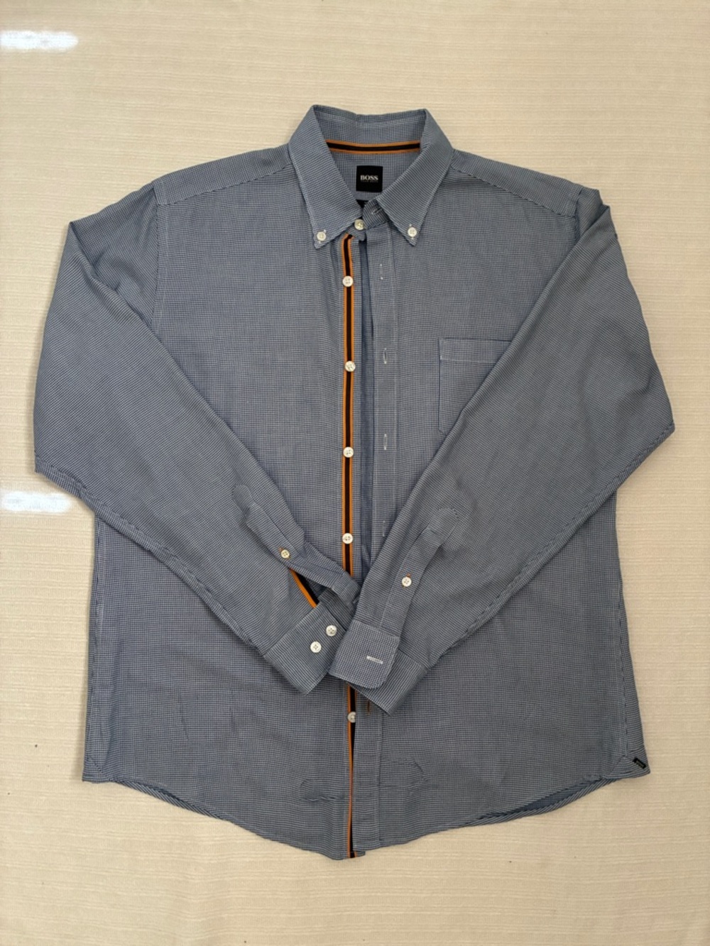 BOSS Men's Blue Button-Down Shirt with Orange Trim Slim Fit Stretch